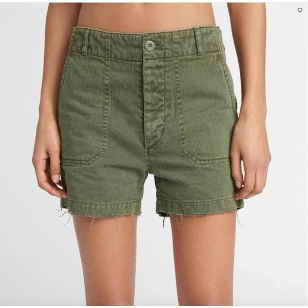 RE/DONE Womens 50s Miltary Shorts in Green Size 25 Button Fly Distressed Hem